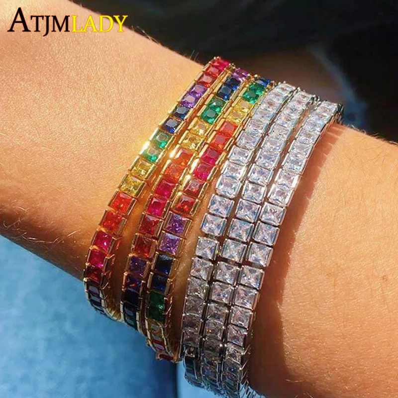 Iced Out 1 Row cz tennis chain Hip hop sparking Men Bracelet Gold color micro pave 5A cubic zirconia link Chain bracelet | Украшения и