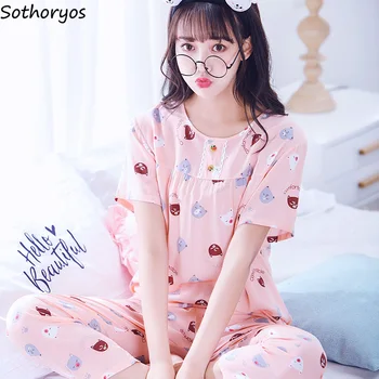 

Pajama Sets Women Summer Kawaii Thin All-match Soft Trendy Leisure Womens Round Neck Cartoon Clothing Female Comfortable 2020