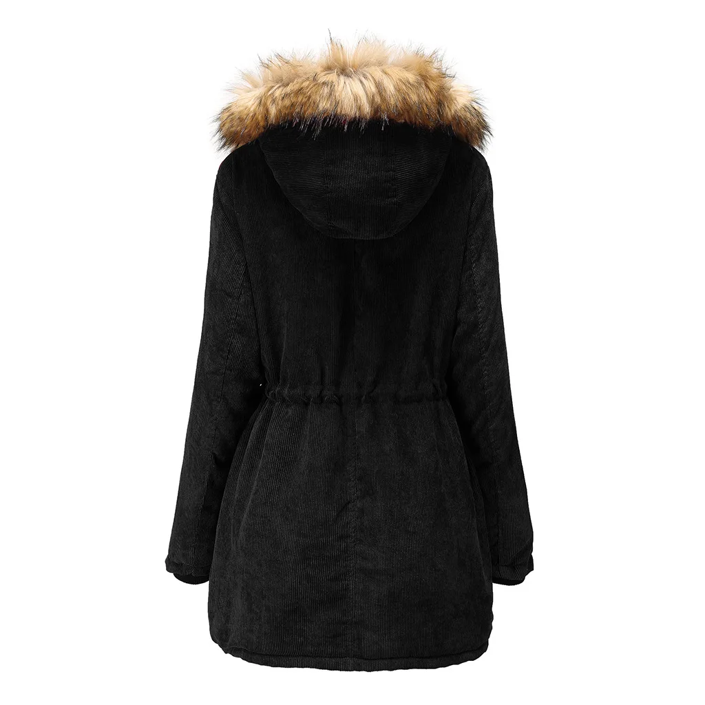 Женское зимнее пальто с капюшоном, вельветовое пальто, пальто с хлопковой подкладкой, толстое теплое пальто с поясом, меховое пальто с капюшоном, верхняя одежда на пуговицах