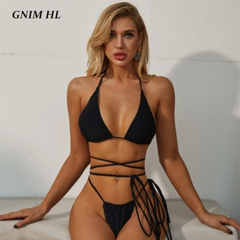 GNIM-Bikini Bandage de dos piezas para Mujer, bañador negro liso, ropa de baño Sexy con espalda descubierta, tanga, ropa de playa 2020