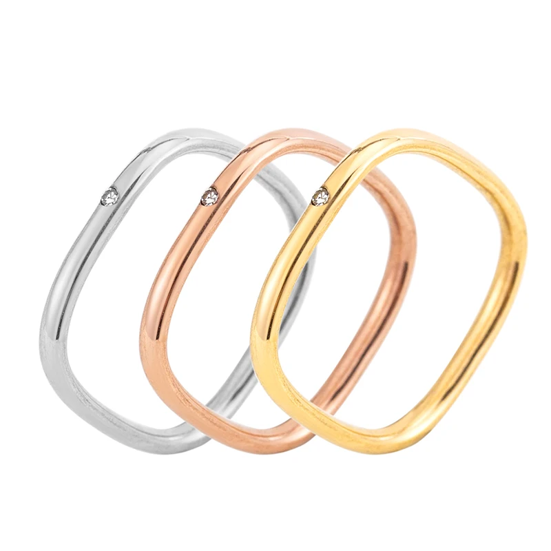 

Hot Selling Personality Fashion Geometric Ring Stainless Steel Plated 18K Gold Gloss Zircon Square Rings