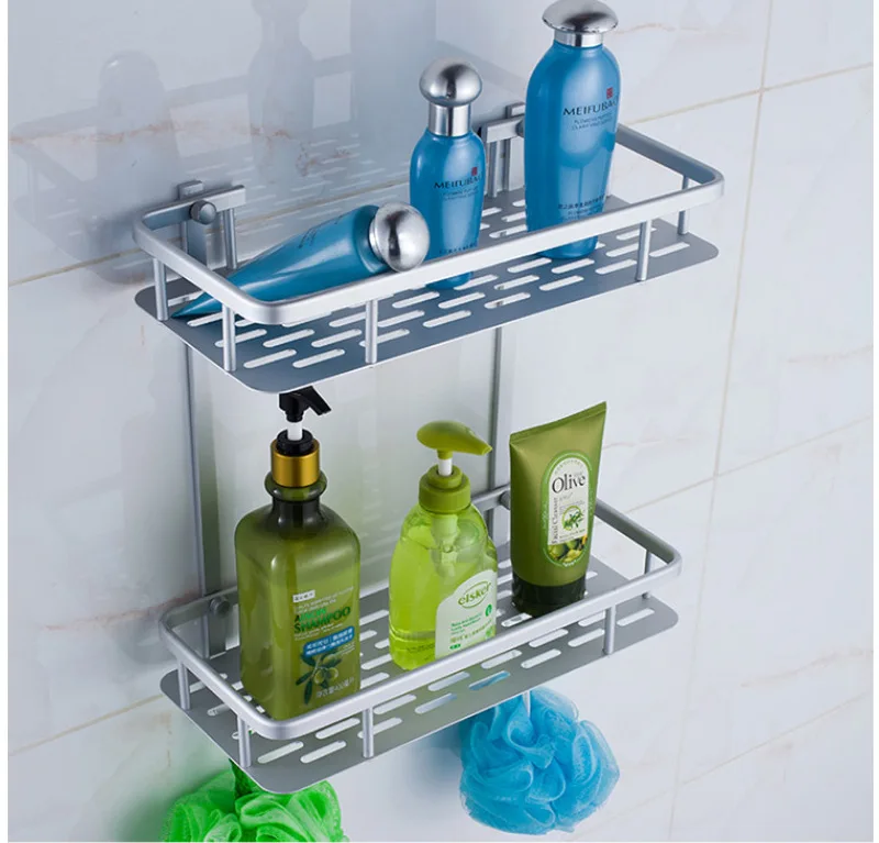 

Alumimum Double Layer Rectangular Aluminium Plate Storage Shelf with Hook Tray Bathroom Cosmetics Storage Pendant Manufacturers