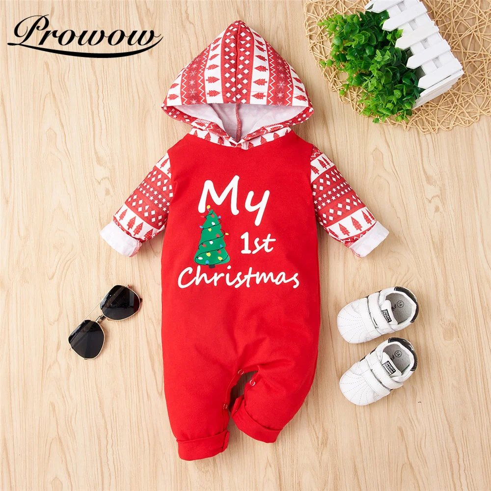 Prowow My First Christmas Clothes For Baby Girls Overalls Festival Newborn Jumpsuits Patchwork Kids Baby Girls Hooded Clothes Baby Bodysuits classic