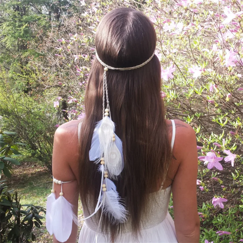 Indyjska biała opaska z piórami stroik gumka do włosów nakrycia głowy Tribal Hippie Handmade akcesoria do włosów dla kobiet 07