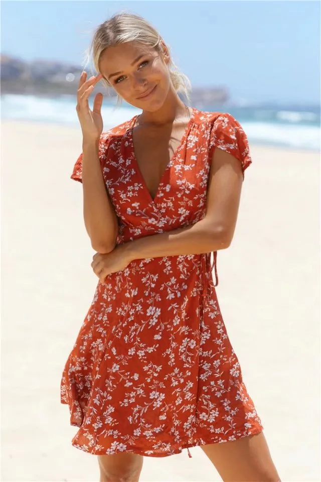 

2019 Summer New Style Cross Waist Hugging Lace-up WOMEN'S Dress A- line Skirt Western Style Printed Sexy Dress Women's