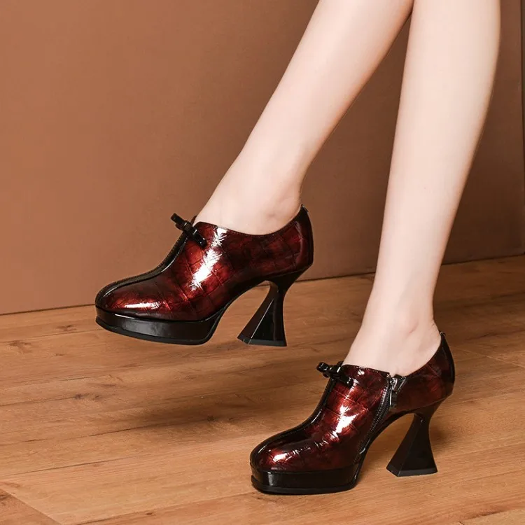 

Spring And Autumn Fashion Genuine Leather Square Head Waterproof Platform Bow Decoration Trapezoid with High-Heel Rubber Sole De