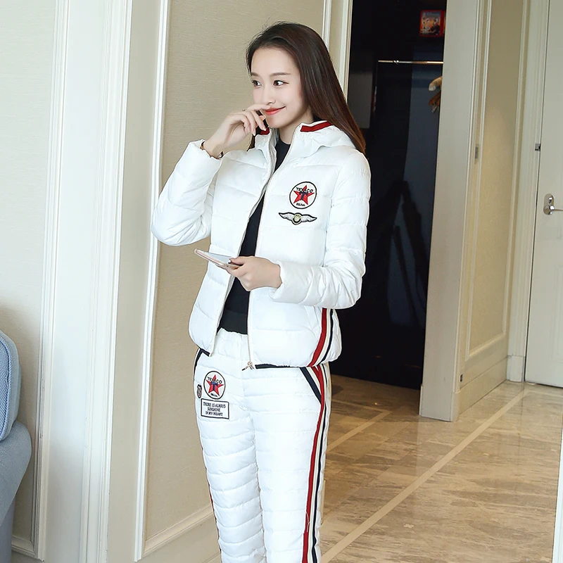 

Women Winter Down Cotton Jacket Suit Female Fashion Hooded Fur Collar Pockets Warm Two piece Set Slim Outerwear Pants Coat