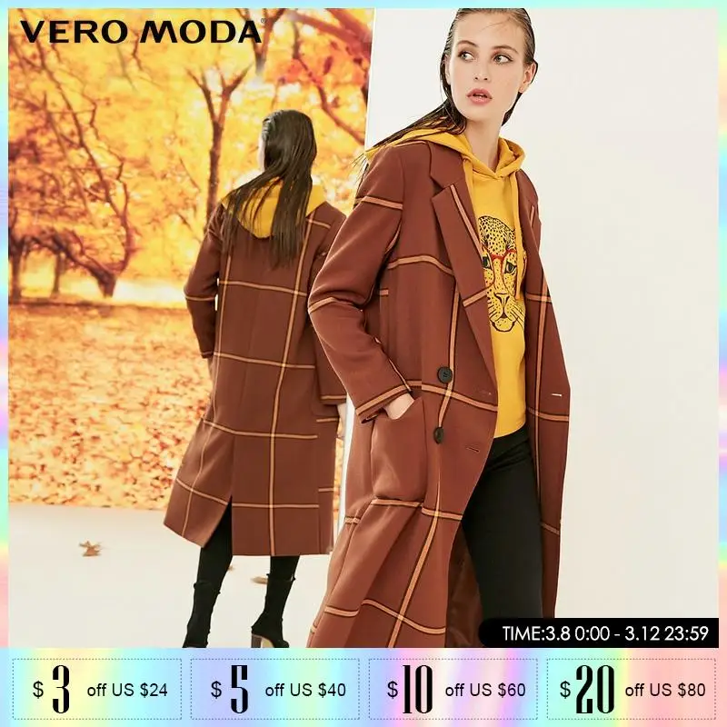Женское двубортное длинное пальто в клетку Vero Moda | 318321501 Женская одежда