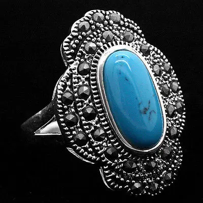 

24*16mm Vintage Style Blue Natural Turquoise 925 Sterling Silver Marcasite Ring Size 7/8/9/10