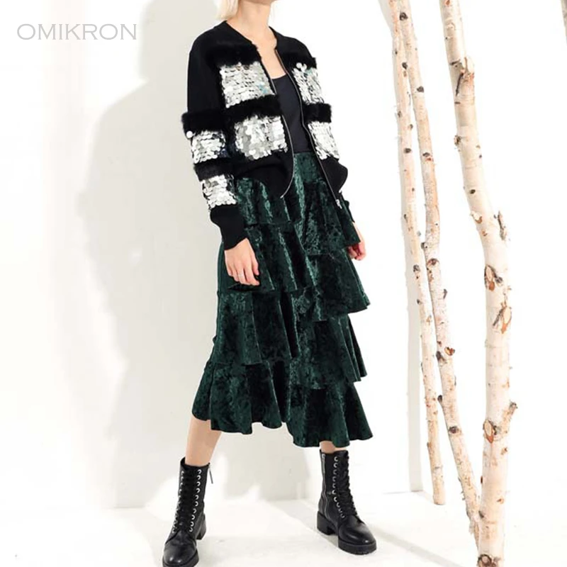 OMIKRON New Fashion Elegant Ruffle Irregular Maxi Velvet Skirt Autumn Women Boho High Waist Pleated Long Skirt Saias Longas
