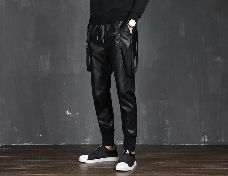 Idopy Мужские штаны-шаровары в стиле хип-хоп высокий уличный эластичный шнурок на талии брюки из искусственной кожи Джоггеры для мужчин m-xxxl