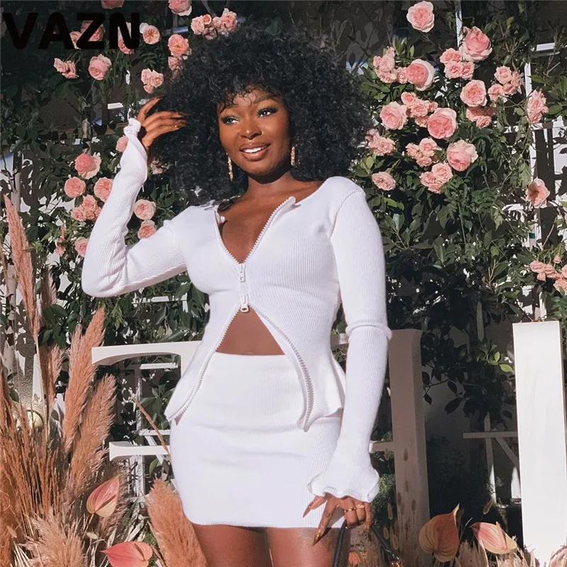 VAZN Новое поступление весенние пикантные, женские, черные, белые, мини платье-футляр с длинным рукавом на молнии с v-образной горловиной и ПЛАТЬЕ FLY Женская сплошная шикарная платье