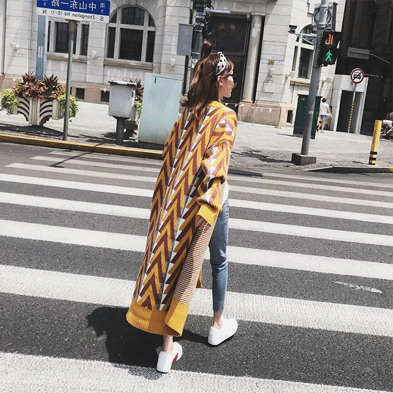New Autumn Winter Casual Striped Knitting Trench Coat Women Street Style Open Stitch Jackt Classic Long Female Windbreaker
