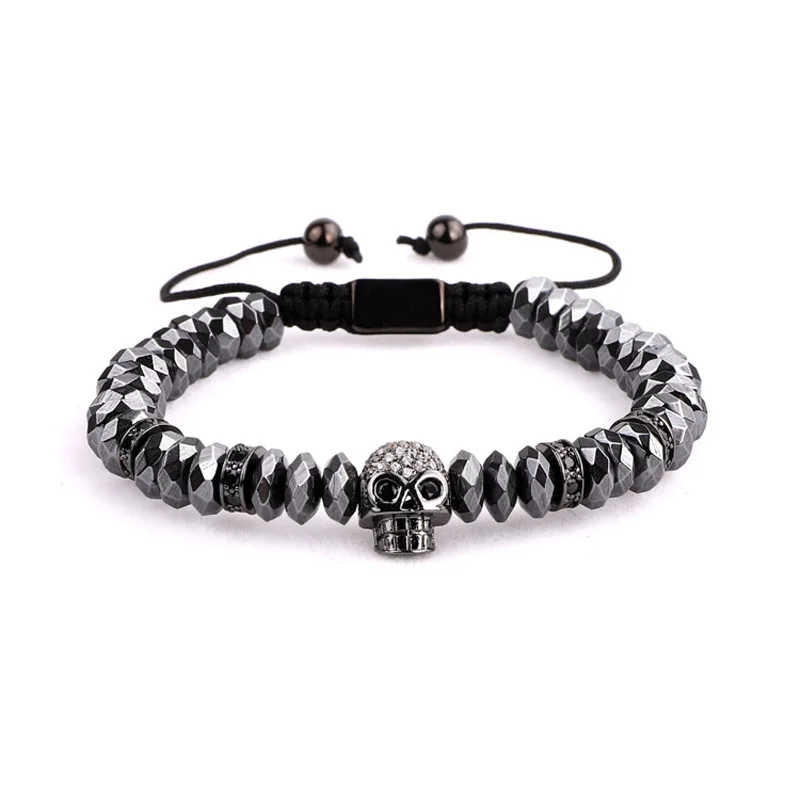 New Fashion men Jewelry bracelet CZ skull charm custom hematite beads friendship bracelet men