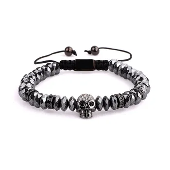 New Fashion men Jewelry bracelet CZ skull charm custom hematite beads friendship bracelet men