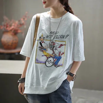 

Cotton Round Neck Short Sleeve T Shirt 2020 Spring Cartoon Printing Bamboo Women's Top Loose Tees Solid Color Pullovers Z2