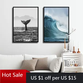 

Black White Photography Poster Sea Wave Canvas Painting Whale Wall Art Print Modern Picture For Living Room Decor Wall Decor