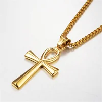 Egyptian Ankh Cross Necklaces Pendants Gold Color Stainless Steel Hieroglyphs Amulet Necklaces For Women Men Egypt Jewelry Gifts