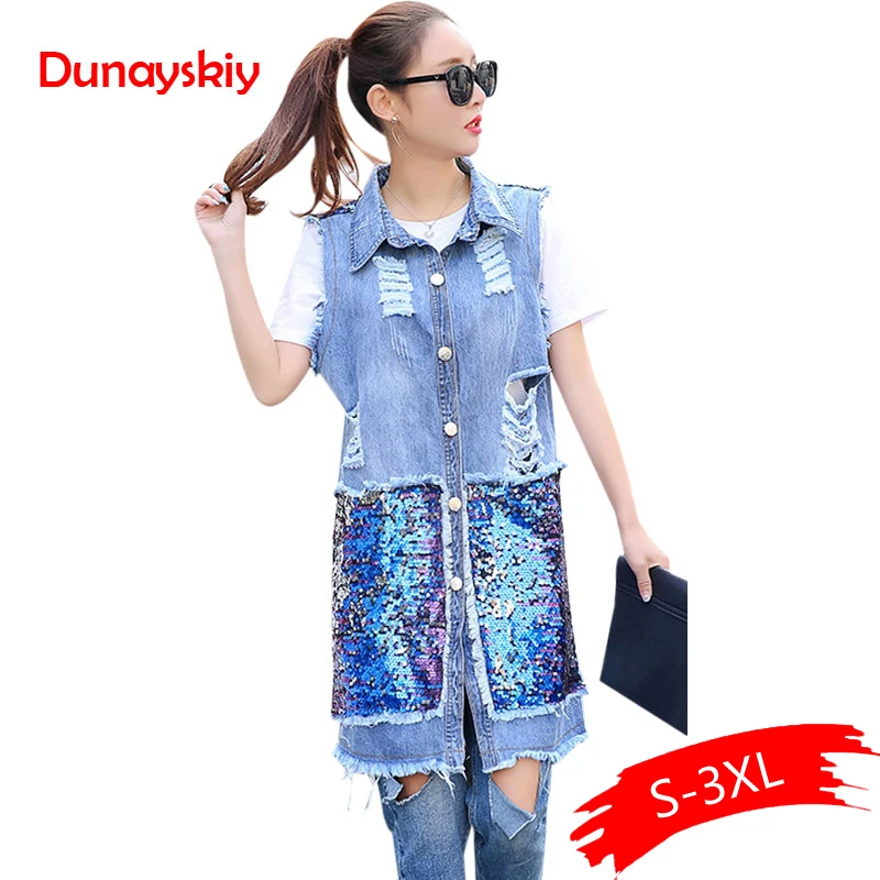 

Street Fashion Sequins Patchwork Long Denim Vest Basic Gilet Frayed Holes Waistcoat For Women Sleeveless Colete Feminino 3XL
