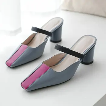 

Rouned heel full genuine leather women slippers brand high heels summer women shoes mixed colors women high heel shoes