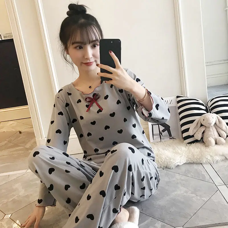 Caiyier Autumn Pajamas Set Black Peach Heart Print Nightwear Thin Long Sleeve Sleepwear Cute Bowknot For Women Causal Homewear