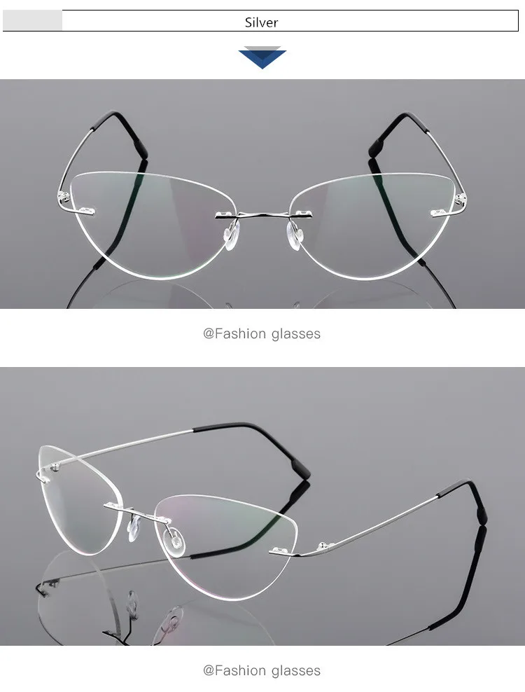 Female Rimless Titanium alloy Glasses Frame, Women Ultralight Cat Eye Eyeglasses Frames, Prescription Presbyopia Myopia Optical