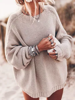 

O-neck Pullover Sweater Loose-fitting Tops Plus Size Sweater Blouse Soft Warm Knitwear Lantern Sleeve Casual Female