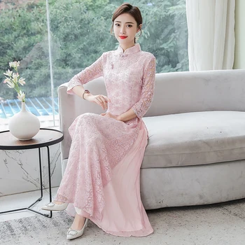 

Spring Summer Vintage Women Long dress Lace Slim 20 Modified Elegant Black Chinese Wind Dresses Pink 6710