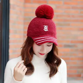 

Cashmere knitted baseball hat real fur pom poms baseball hat metal label baseball hat