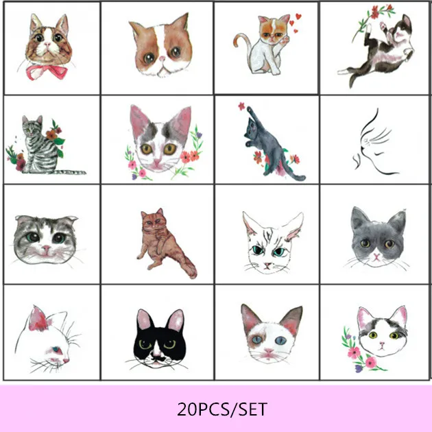 

20pcs Cute Pattern Temporary Tattoo Sticker Waterproof Cat Tattoo Sticker for Kids Girls Body Art Tatuajes Temporales