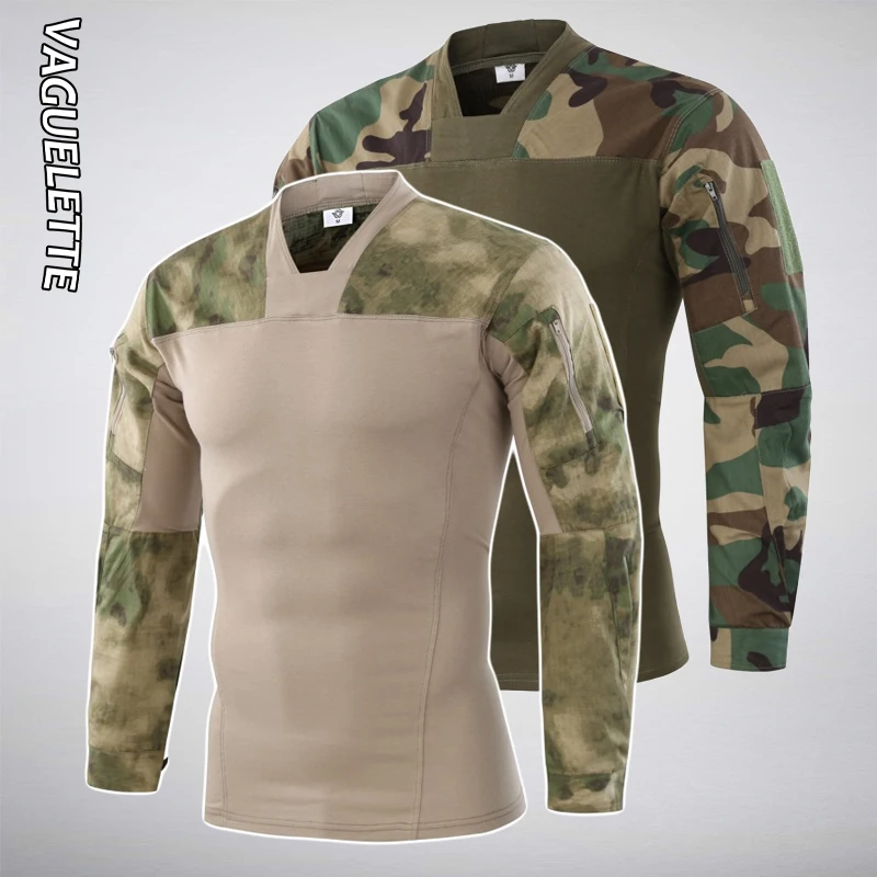 

Vaguelette Army MU T Shirt Camouflage Hunting Military Tactical Tshirt Men With Long Sleeve Pockets Multicam Outdoor Men