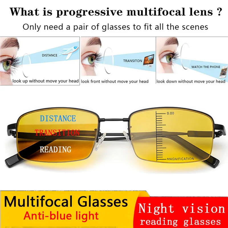 New Night vision Progressive multi-focus Reading Glasses Men Far And Near Dual-use Anti-blue light driving Presbyopia Glasses