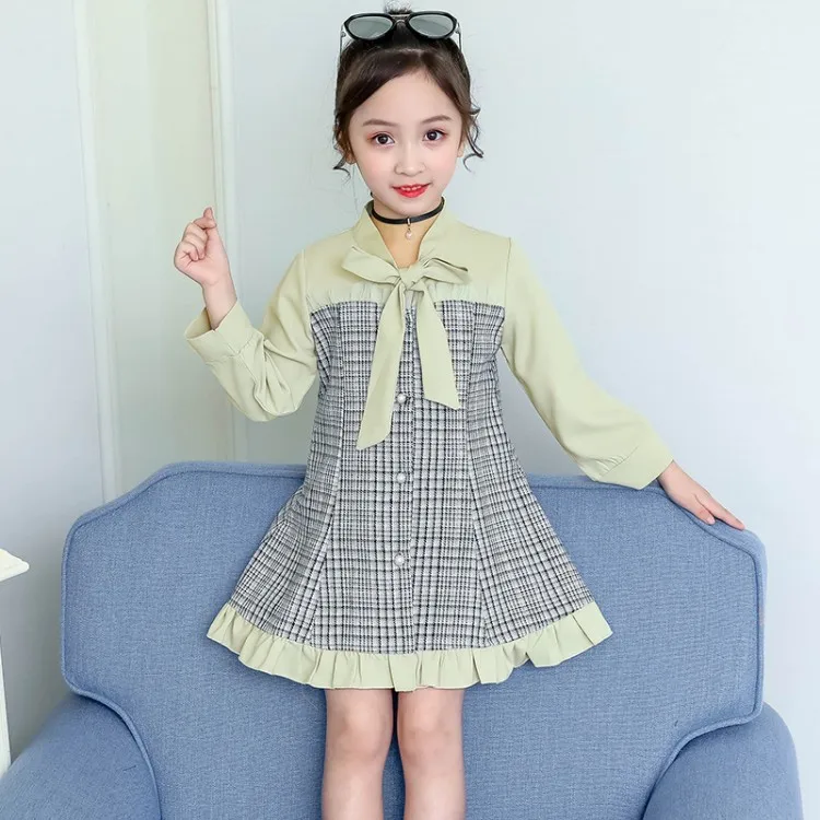 

Children's Plaid Spliced Long Sleeve Princess Dress Spring Fall Girls Chequered Bow Stitching Clothes One Piece Kid Dresses B363