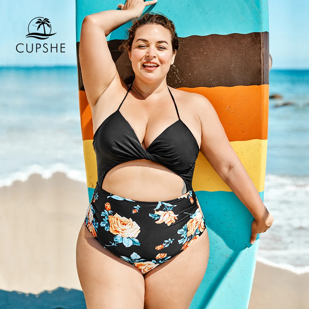

CUPSHE Plus Size Black Floral Print Halter One Piece Swimsuit Women Large Size Sexy Monokini Bathing Suit 2020 Beach Swimwear