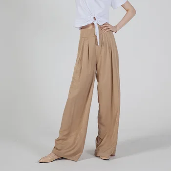 

2019 Summer Satin Silky Wide Leg Pants High Waisted Casual Champagne Long Pants Female Loose Elegant OL Work Trousers