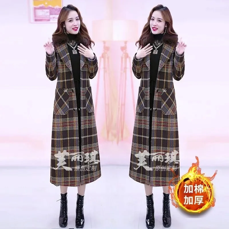 Female Mid-length Houndstooth Woolen Coat 2022 Women Winter New Temperament  Cotton Thick Large Fur Collar Plaid Jacket A808