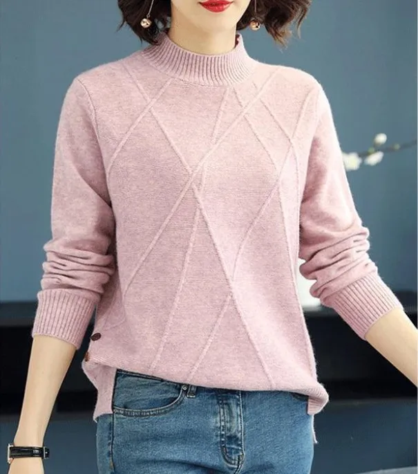 pink DANJEANER осенне-зимний женский свитер с воротником-стойкой офисный женский однотонный Повседневный вязаный пуловер базовый трикотаж элегантные джемперы - Color: pink