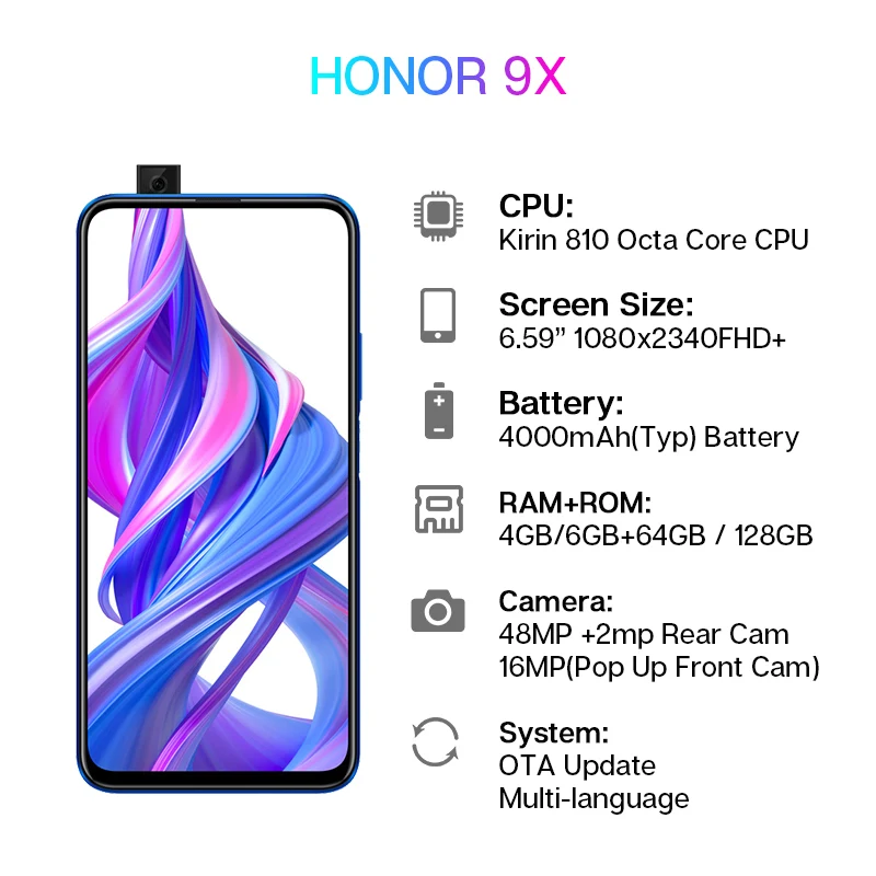 Google Play Honor 9X Kirin 810 7 нм восьмиядерный смартфон 48мп двойная камера 6,5" полный экран всплывающая фронтальная камера мобильный телефон