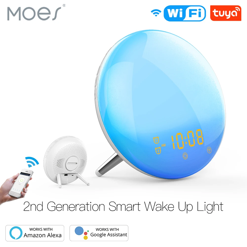 

WiFi Smart Wake Up Light Workday Alarm Clock with 7 Colors Sunrise/Sunset Simulation 4 Alarms Compatible with Alexa Google Home