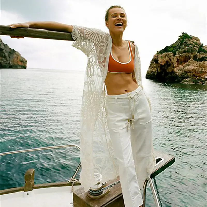 

2019 New Sexy See Through Hollow Out Embroidered Long Kimono Cardigan Summer Beach Wear Women Tops and Blouse Chiffon Shirt N865
