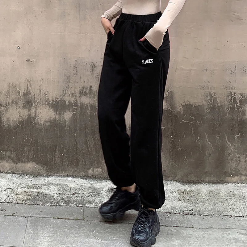 Shstyle, плотные черные уличные штаны с карманами, женские штаны с буквенным принтом, на завязках, с высокой талией, зима-осень, Простые штаны для бега, брюки в стиле хип-хоп