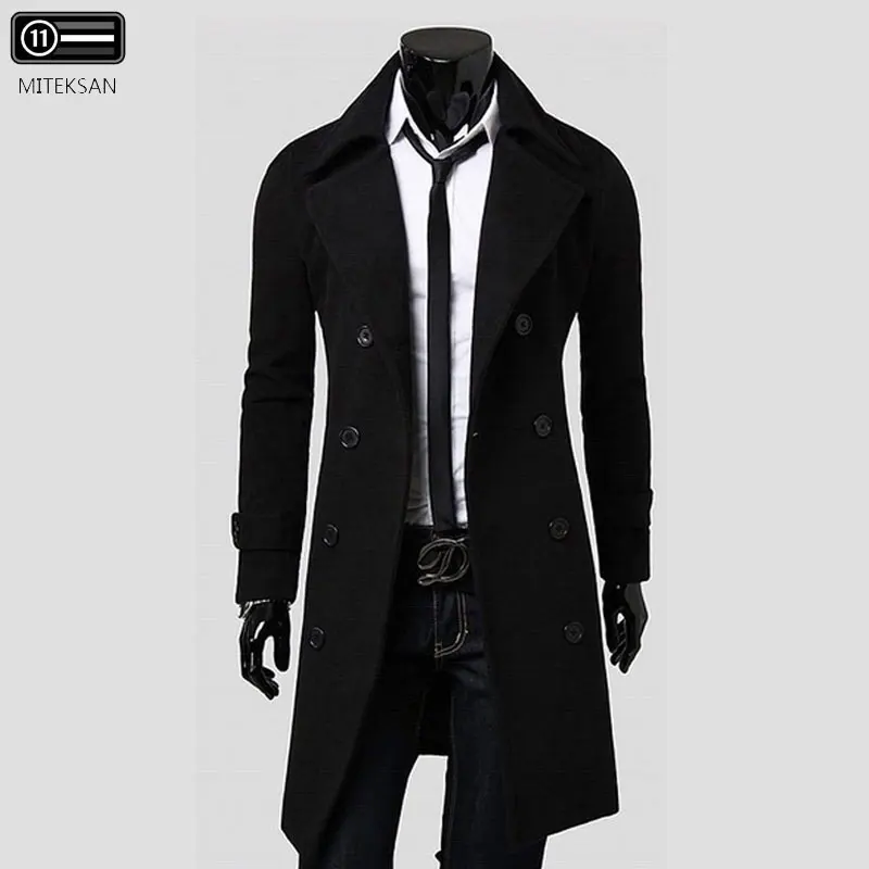 Зимняя ветровка для мужчин s Тренч пальто для мужчин Новая мода двубортное однотонное классическое длинное пальто мужской большой M-3XL - Цвет: Черный