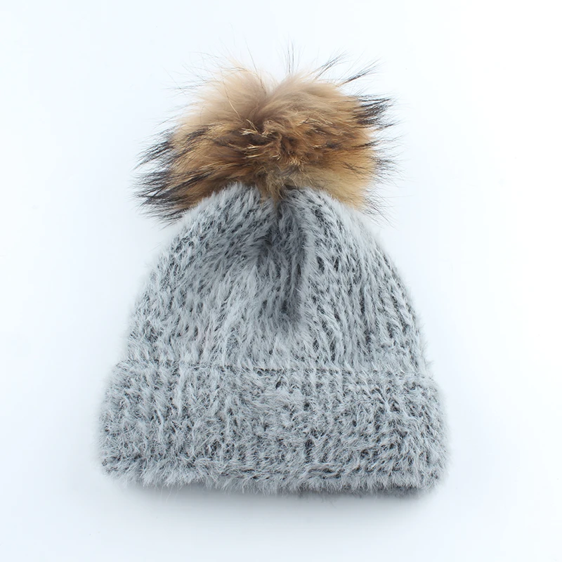 Зимние шапки для женщин норковая меховая шапка Skullies Beanies дамы настоящий помпон из меха енота вязанная теплая шапка шерстяная круглая шапочка