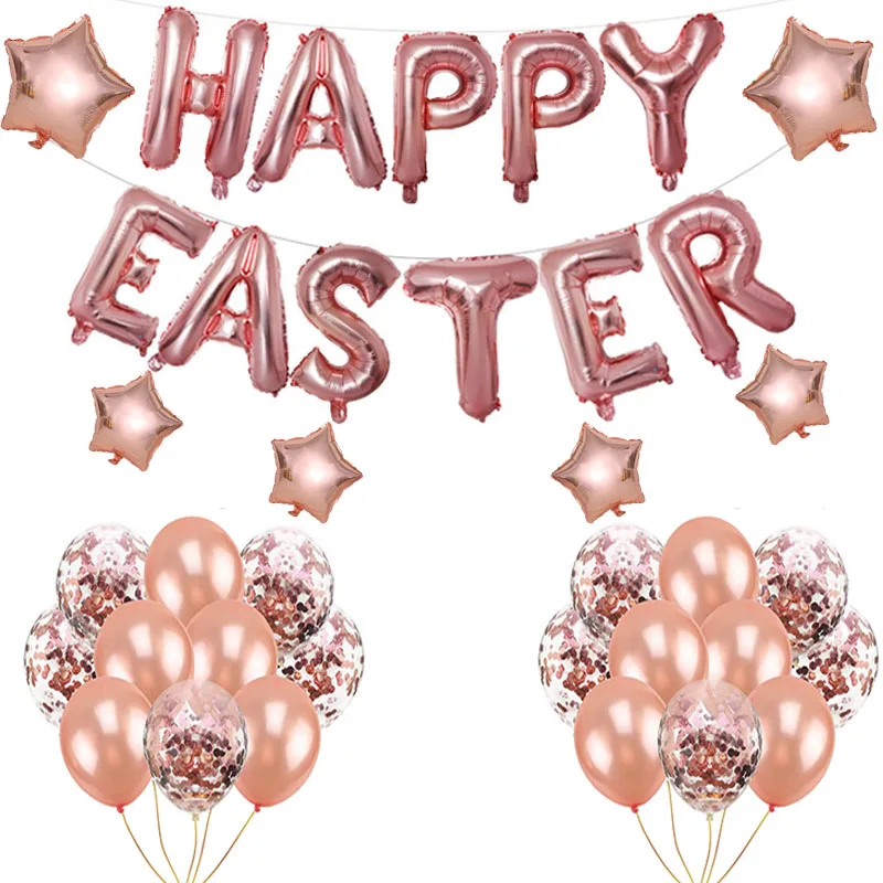 Счастливый баннер для пасхи фольгированные шары розовые золотые серебряные