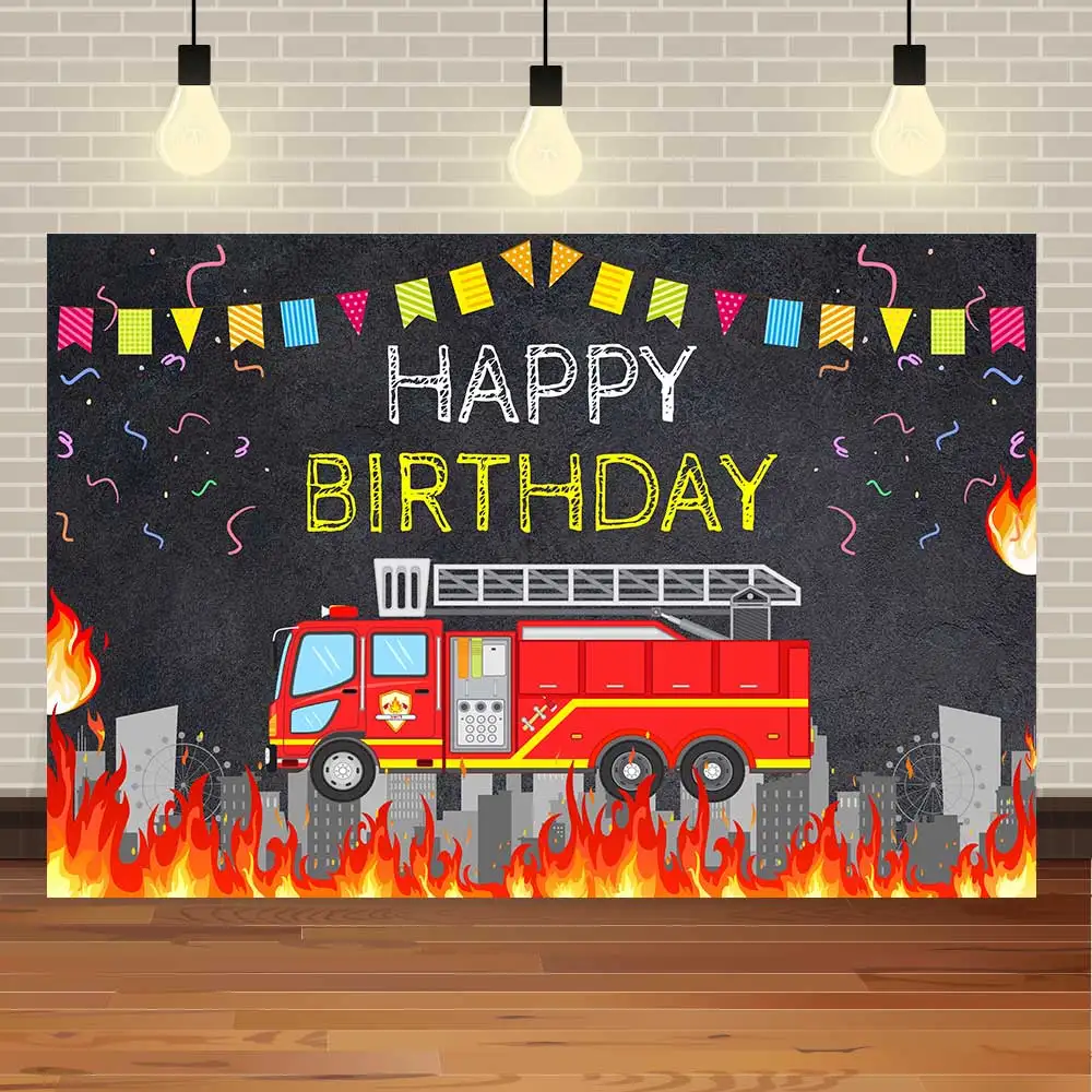 

NeoBack Happy Birthday Baby Shower Fire Truck City Truck Game Boy Ribbon DIY Party Banner Photo Backdrop Photography Background