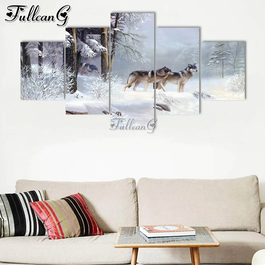 

FULLCANG 5 piece diy diamond painting Snow Wolf Forest cross stitch full square round mosaic embroidery decoration FG0461