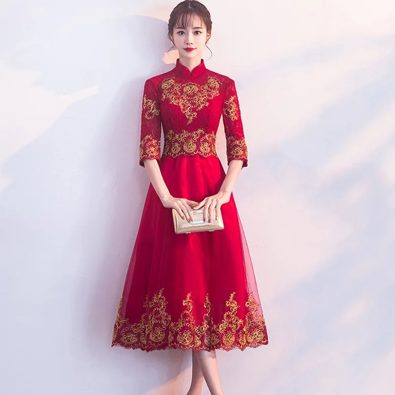 

2020 Hot Sale V-neck Full Gengli Little Man Toasts Bride 2020 Wedding New Female Modern Slim Chinese Show Kimono Dress Autumn