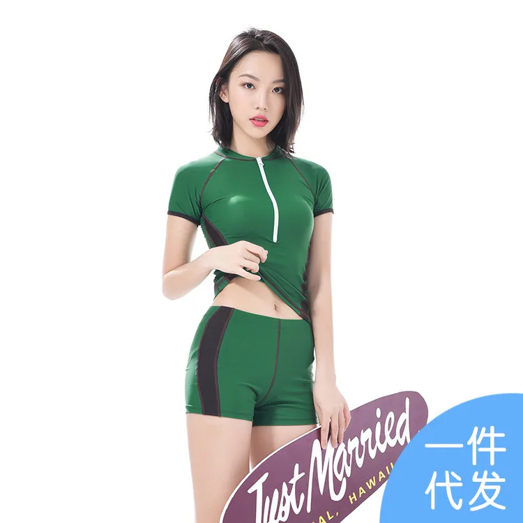 

Zipper Sports Two-piece Swimsuits Women's Small Bust Conservative Belly Covering Bathing Suit Slim Fit Slimming Hot Springs Boxe