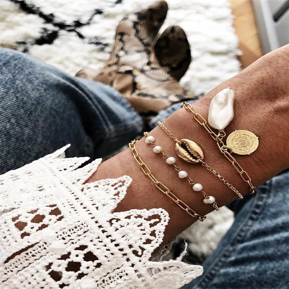 Vintage Gold Shell Artificial Pearl Sun Disc Pendant Fashion Bracelets For Women Boho Multiple Layers Bracelet Set Jewelry | Украшения и