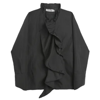 

EWQ / men's and women's wear Flare Sleeve Stand Collar Ruffles Loose Shirt 2020 Spring Vintage black white big size Blouse FS600